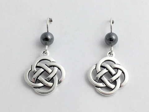 Pewter & Sterling Silver large Round Celtic Knot dangle Earrings-Hematite, gray