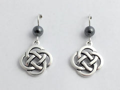 Pewter & Sterling Silver large Round Celtic Knot dangle Earrings-Hematite, gray