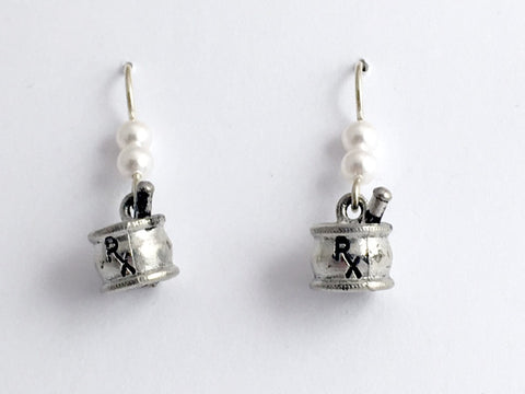 Pewter & Sterling Silver Pharmacist dangle Earrings-mortar & pestle-RX-Pharmacy