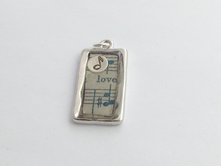 Pewter frame, music print, sterling silver note pendant-resin, love, score,notes