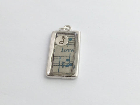 Pewter frame, music print, sterling silver note pendant-resin, love, score,notes