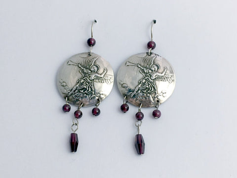Sterling silver Large Angel playing trumpet Disc earrings-garnet dangles, angels