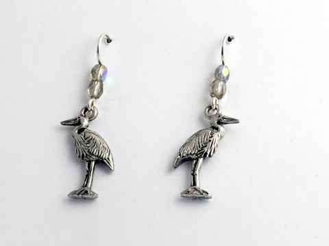Pewter and Sterling silver Heron dangle earrings-bird- Great Blue- white, egret