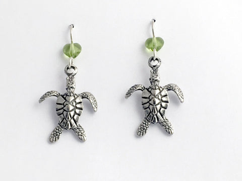 Pewter & Sterling silver large sea turtle dangle earrings-ocean, turtles,hearts