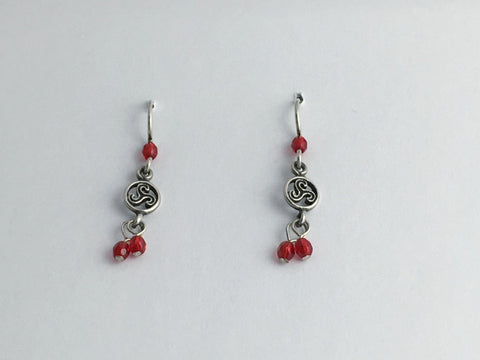 Sterling Silver tiny triskelion circle Celtic dangle Earrings- triple spiral,red