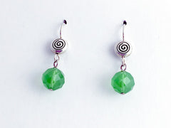 Pewter & Sterling Silver Spiral dangle earrings- green crystal, spirals, Celtic