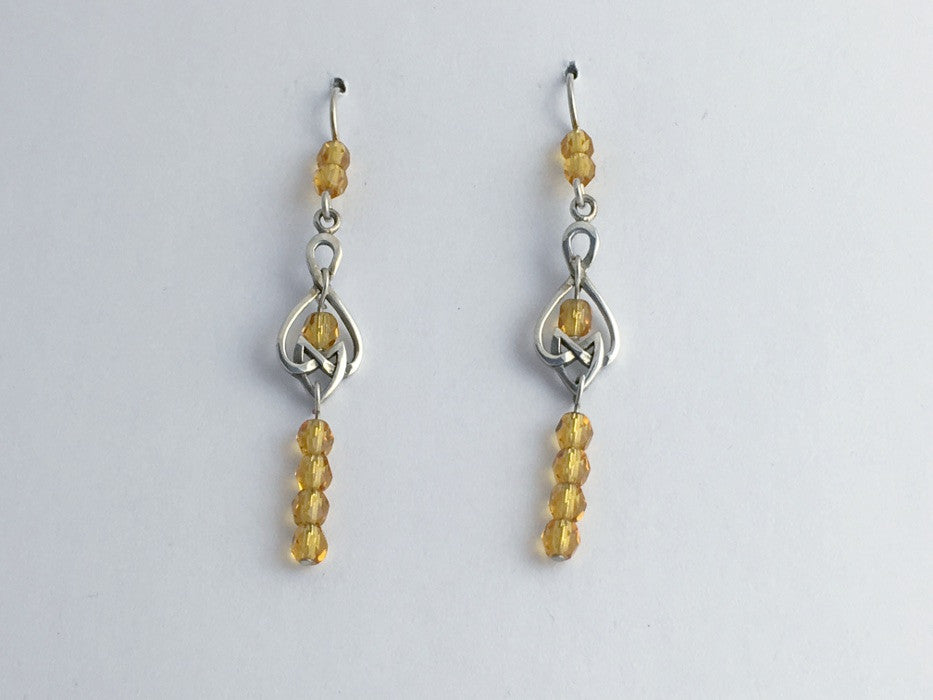Sterling Silver oblong Celtic Knot dangle earrings-amber color glass, knots