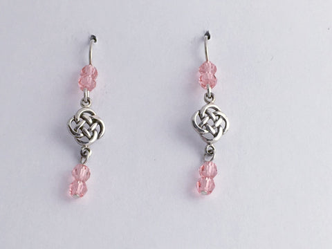 Sterling Silver small  round Celtic Knot dangle Earrings-peach rose crystal,
