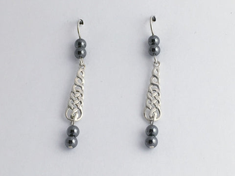 Sterling silver long skinny Celtic braid knot drop earrings- hematite, knots,