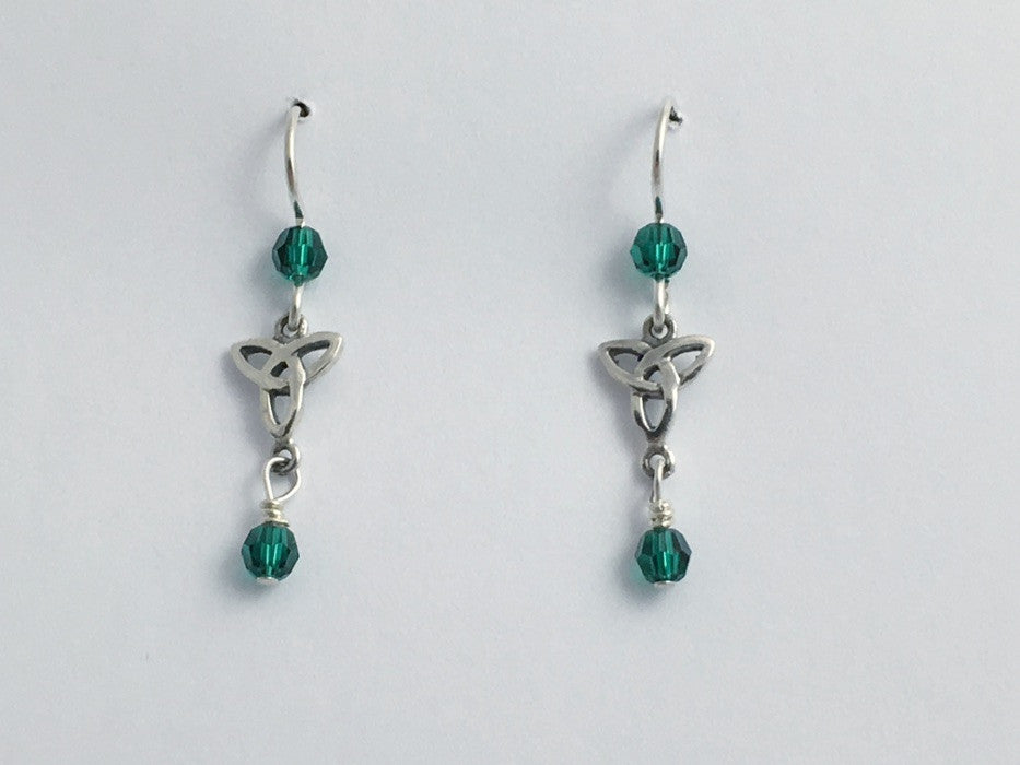 Sterling silver small Celtic Trinity knot dangle earrings- emerald green crystal