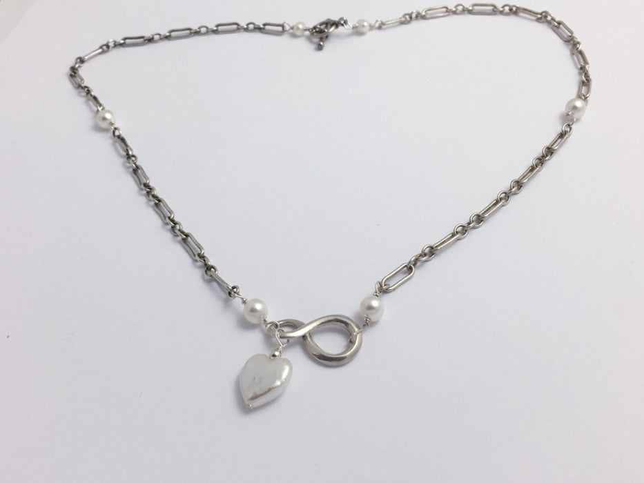 20 inch sterling silver long and short chain Infinity Necklace, freshwater pearls, Heart