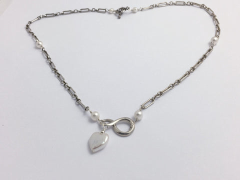 20 inch sterling silver long and short chain Infinity Necklace, freshwater pearls, Heart