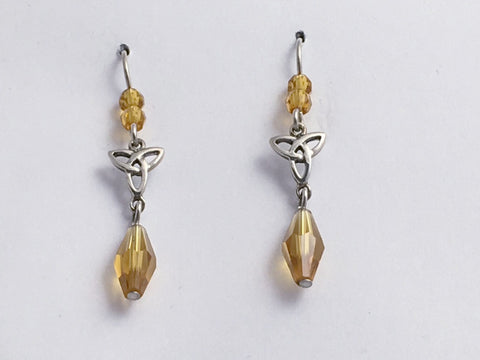 Sterling silver Celtic Trinity knot dangle earrings-amber yellow glass,Triquetra