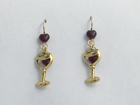 Goldtone Pewter & 14k gold filled wire Wine glass w/ hearts earrings-drinks, Red