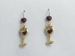 Goldtone Pewter & 14k gold filled wire Wine glass w/ hearts earrings-drinks, Red