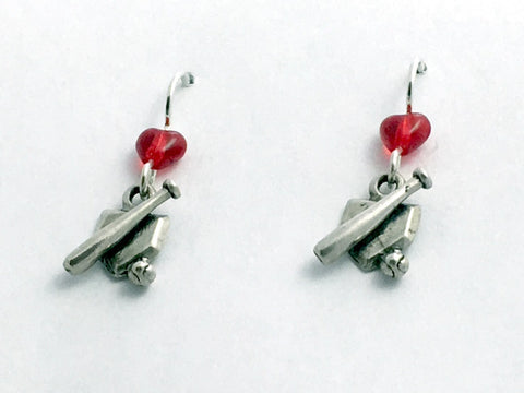 Sterling silver small Baseball dangle Earrings-bat, ball, base,team colors,sport