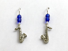 Pewter & sterling silver small saxophone dangle earrings- music, band, sax,