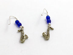 Pewter & sterling silver small saxophone dangle earrings- music, band, sax,