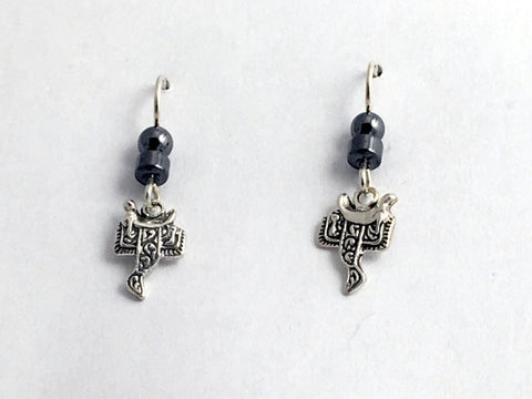 Sterling silver small Western saddle dangle earrings-horse-hematite, tack,horses