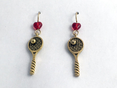 Gold Tone Pewter & 14kgf Tennis Racquet & Ball dangle Earrings-Racket- balls