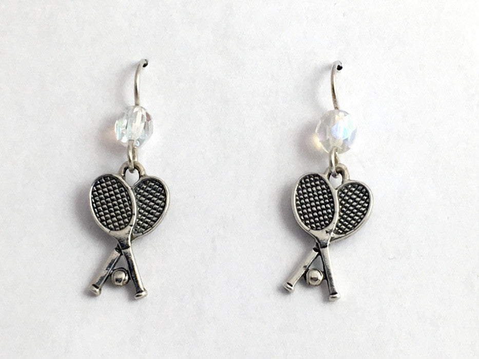 Sterling silver  crossed tennis racquets w/ ball dangle Earrings-racket, racquet