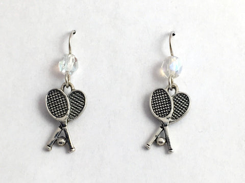 Sterling silver  crossed tennis racquets w/ ball dangle Earrings-racket, racquet