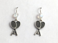 Sterling silver  crossed tennis racquets w/ ball dangle Earrings-racket, racquet