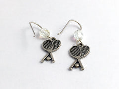 Sterling silver  crossed tennis racquets w/ ball dangle Earrings-racket, racquet