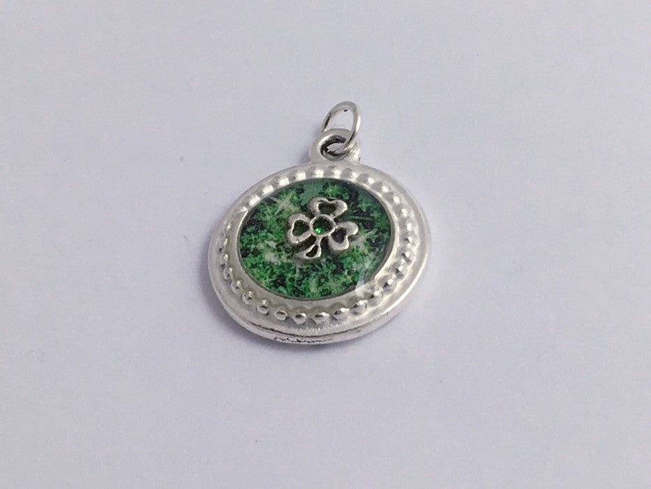 Pewter round frame, green paper, sterling silver shamrock pendant-resin, st patrick