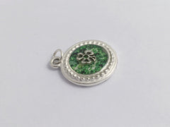 Pewter round frame, green paper, sterling silver shamrock pendant-resin, st patrick
