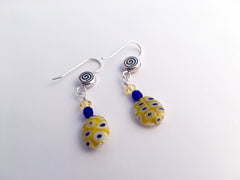 Pewter & Sterling Silver Spiral dangle earrings-yellow & blue millefiori glass