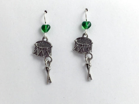 Pewter & sterling silver drum with sticks dangling earrings-snare- band- drums