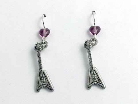 Pewter & sterling silver v shape electric guitar dangle earrings-music, rock