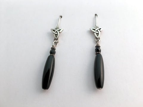 Sterling silver Celtic Trinity knot dangle earrings w/long black glass drops