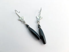 Sterling silver Celtic Trinity knot dangle earrings w/long black glass drops