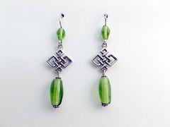 Sterling Silver Large angular Celtic Knot dangle earrings-green glass, knots