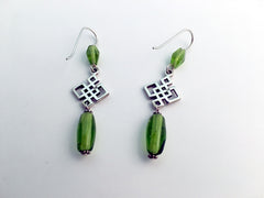 Sterling Silver Large angular Celtic Knot dangle earrings-green glass, knots