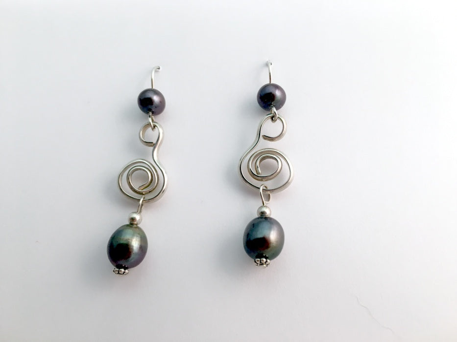 Sterling Silver free form open Spiral Earrings-dark grey freshwater pearl,pearls