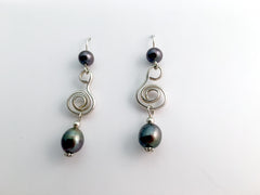 Sterling Silver free form open Spiral Earrings-dark grey freshwater pearl,pearls
