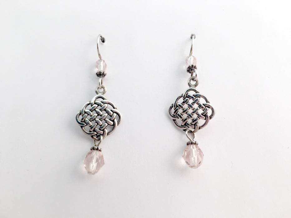 Sterling Silver Celtic Knot dangle  Earrings- Pink glass,  knots, rounded,