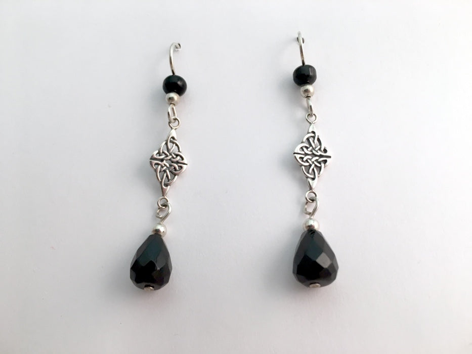 Sterling Silver Double Celtic Knot Dangle Earrings- faceted Obsidian, gorgeous