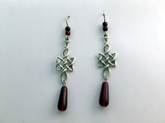 Sterling Silver Long Open Woven Celtic Knot Earrings- dark burgundy red-Knots