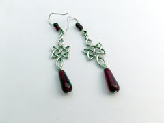 Sterling Silver Long Open Woven Celtic Knot Earrings- dark burgundy red-Knots