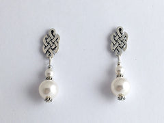 Sterling Silver & surgical steel Celtic knot stud Earrings-Glass "Pearls", knots