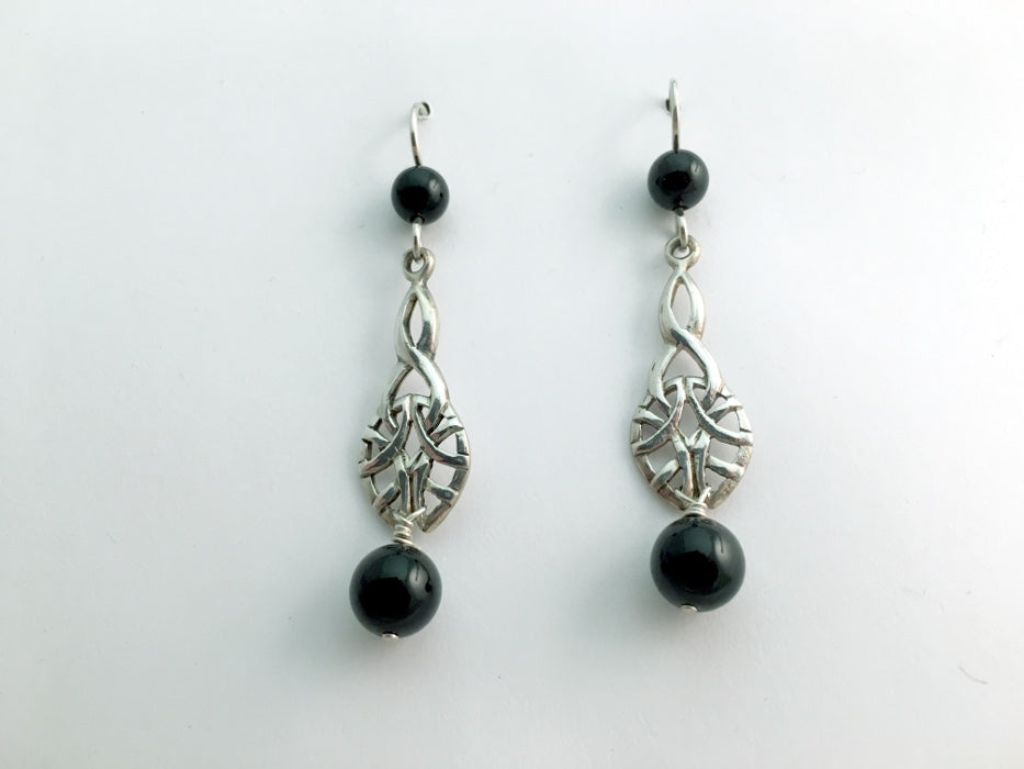 Sterling Silver  Celtic Knot dangle earrings-black onyx, knots, 2 1/4 inches