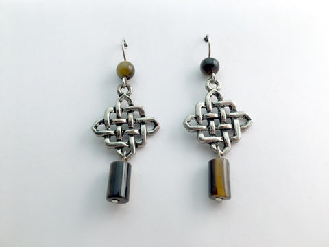 Pewter & Sterling Silver Large Celtic Square Knot dangle Earrings-Tiger eye