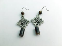 Pewter & Sterling Silver Large Celtic Square Knot dangle Earrings-Tiger eye