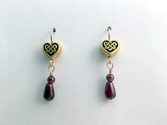 Gold tone Pewter & 14k gf Celtic Knot Heart earrings, garnet, hearts, January