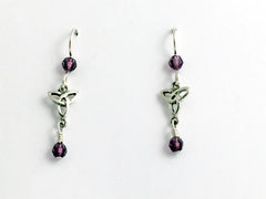 Sterling silver small Celtic Trinity knot dangle earrings- purple crystal, knots