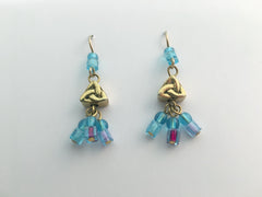 Gold tone Pewter &14kgf Celtic Trinity Knot earrings- Aqua & purple glass dangles